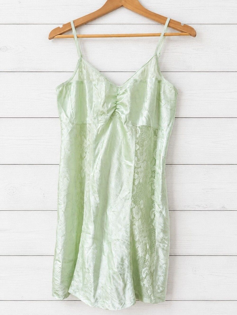 VINTAGE Bisou Bisou Michele Bohbot Green Lace Trim Chemise Slip Dress Size L